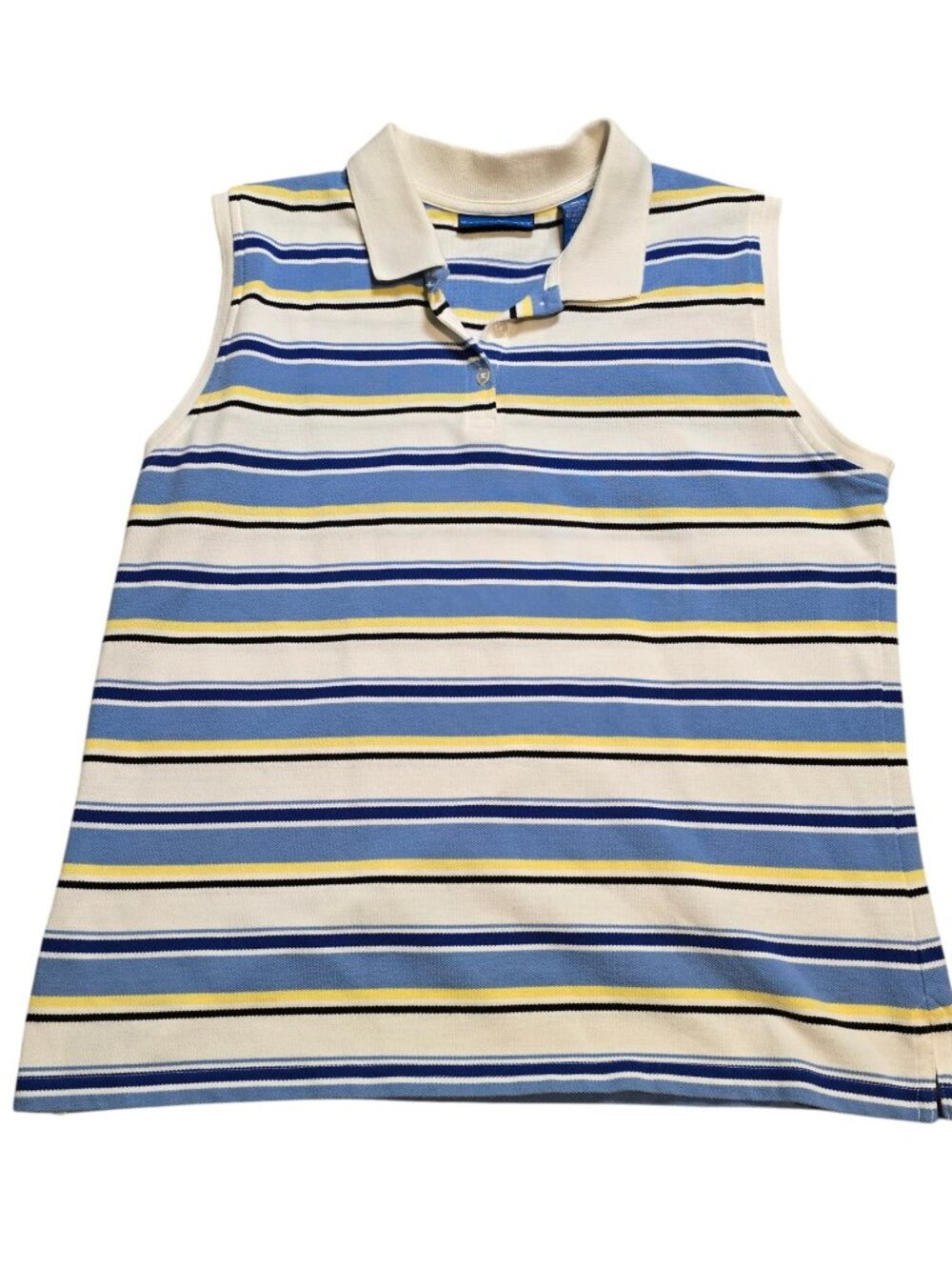 90's Vintage Karen Scott Sport Blue Stripe Sleeveless Collar Top L